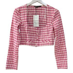 Zara Women's S Gingham Crop Top Pink & White NWT